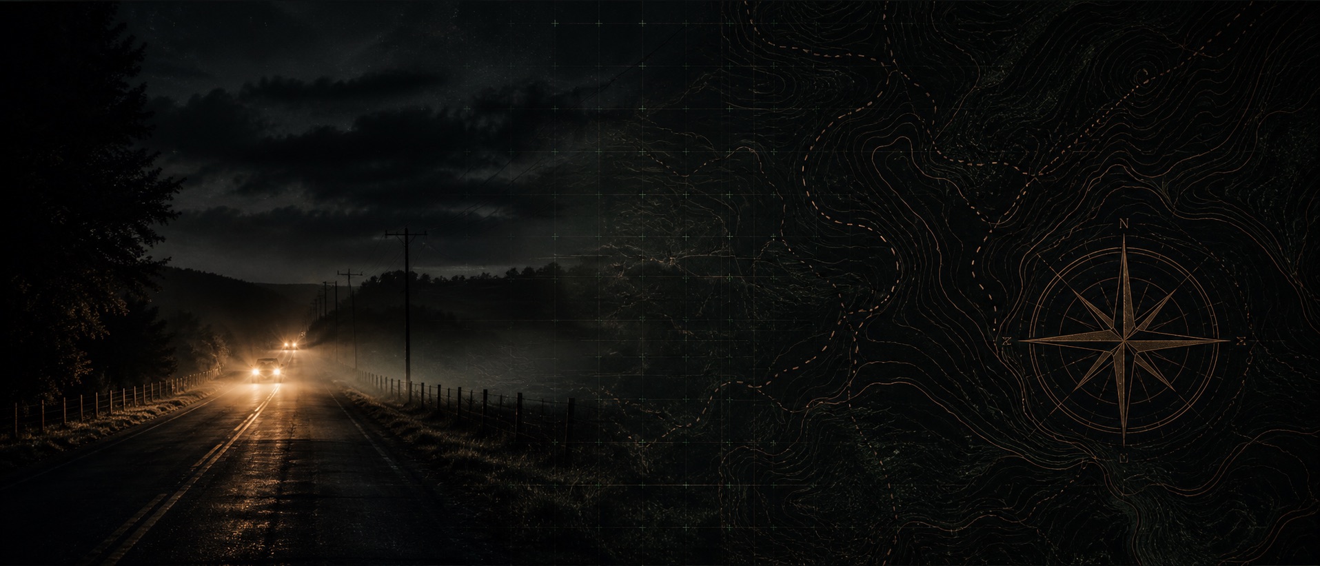 Night country road blended with a topographic field map and compass rose